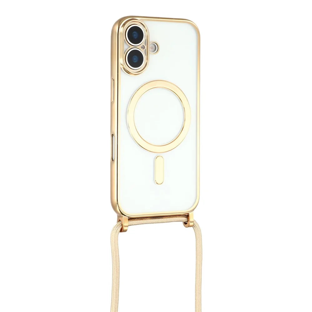 For iPhone 17 Case Compatible with MagSafe Electroplating Edge TPU Phone Cover with Screen Film / Shoulder Strap - Gold - 4