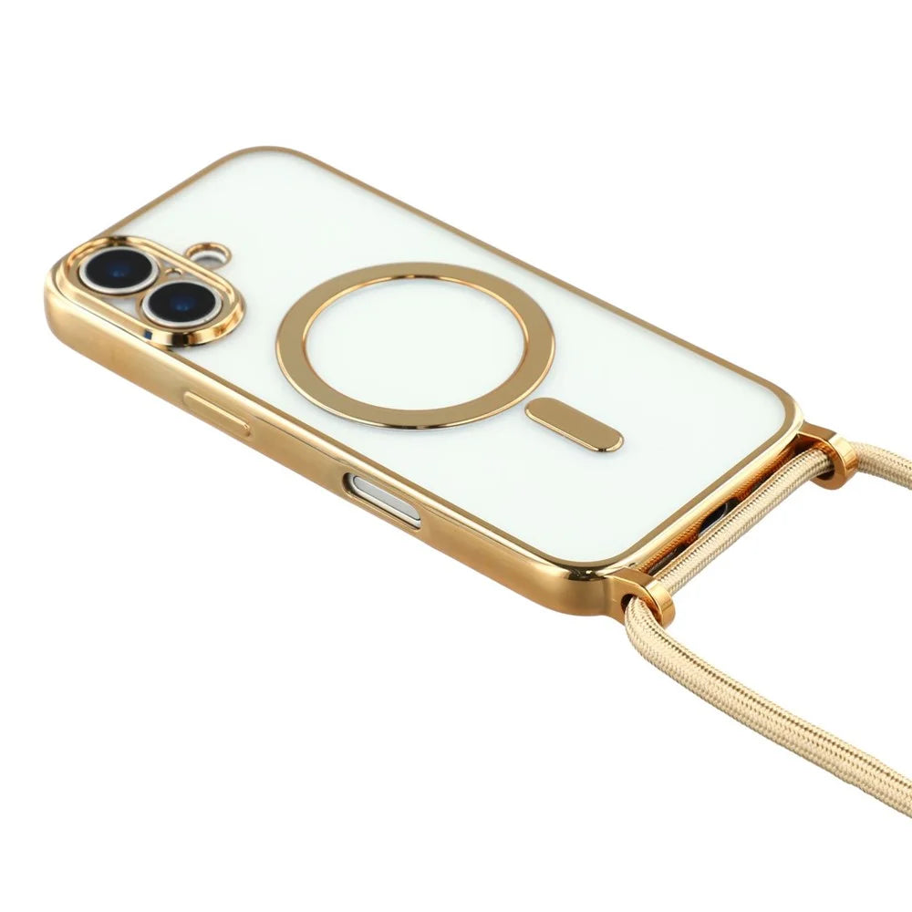 For iPhone 17 Case Compatible with MagSafe Electroplating Edge TPU Phone Cover with Screen Film / Shoulder Strap - Gold - 5