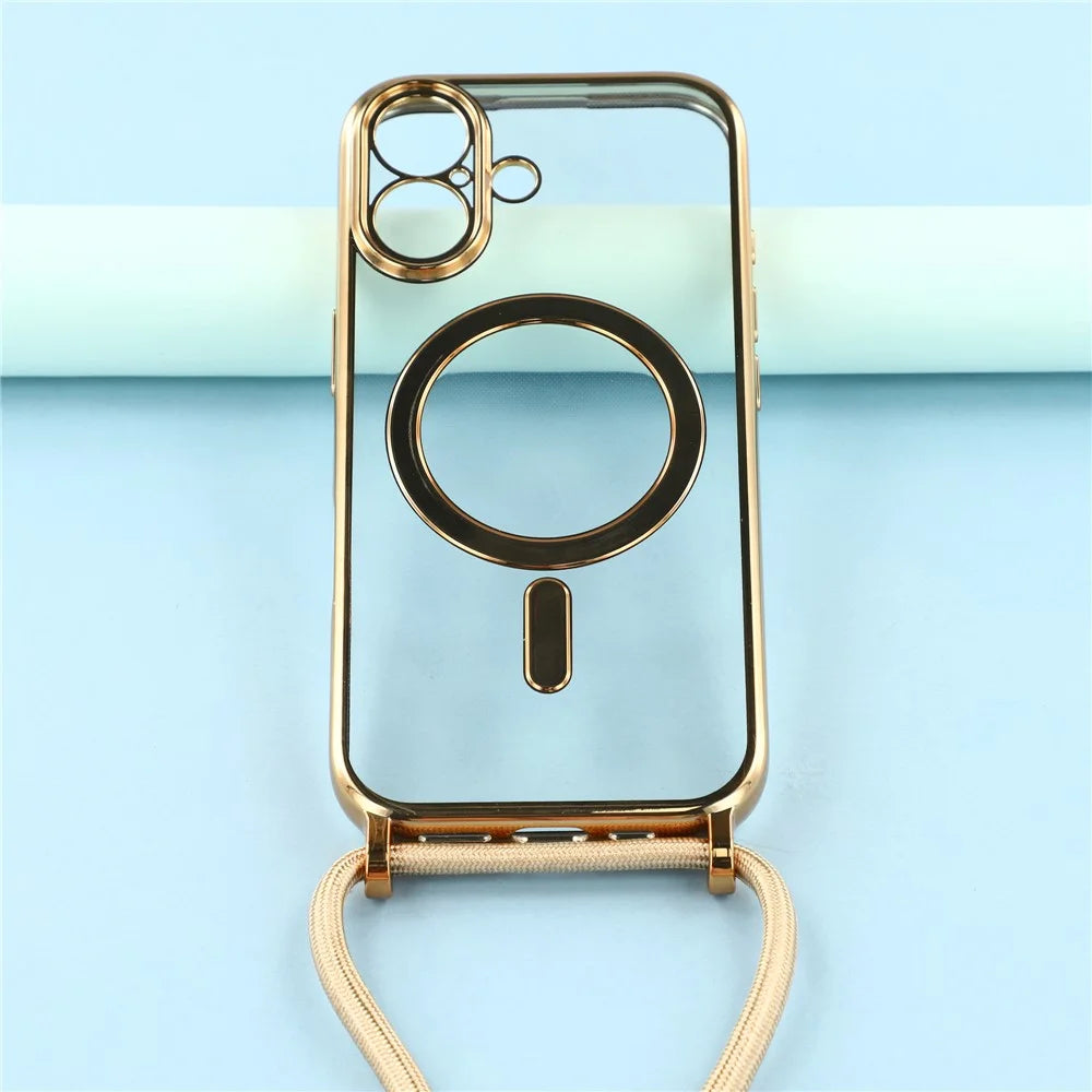 For iPhone 17 Case Compatible with MagSafe Electroplating Edge TPU Phone Cover with Screen Film / Shoulder Strap - Gold - 7