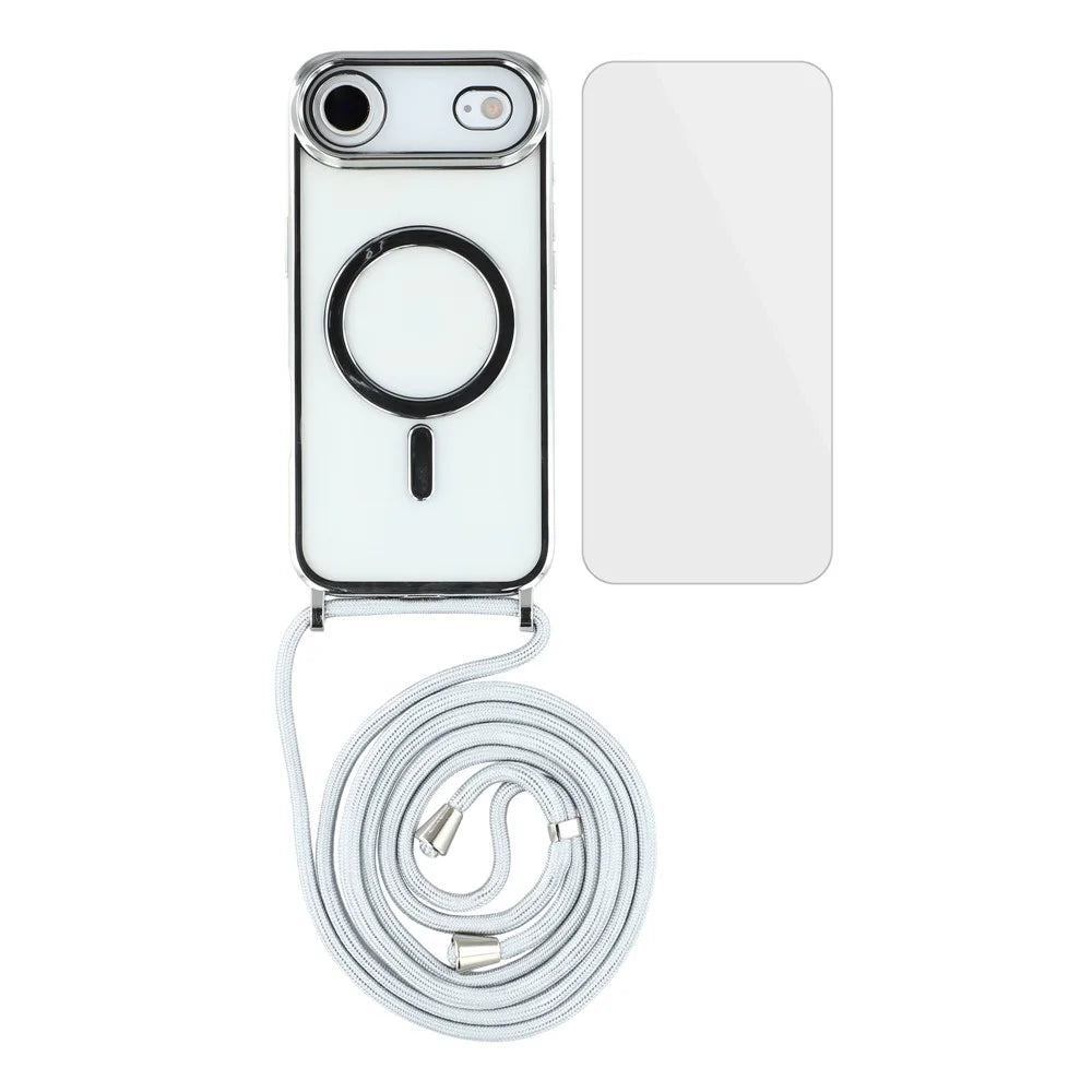 For iPhone Air Case Compatible with MagSafe Electroplating Edge TPU Phone Cover with Screen Film / Shoulder Strap - Silver - 1