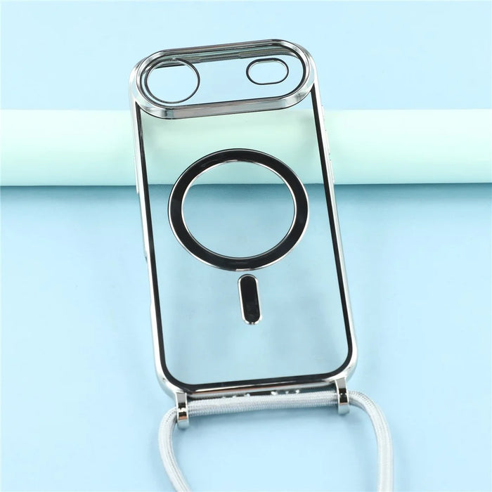 For iPhone Air Case Compatible with MagSafe Electroplating Edge TPU Phone Cover with Screen Film / Shoulder Strap - Silver - 7