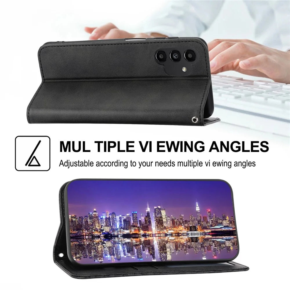 For Samsung Galaxy A32 4G (EU Version) Calf Texture Wallet Stand Anti-drop Phone Case PU Leather Imprinted Rhombus Pattern Smartphone Cover with Strap - Black - 4