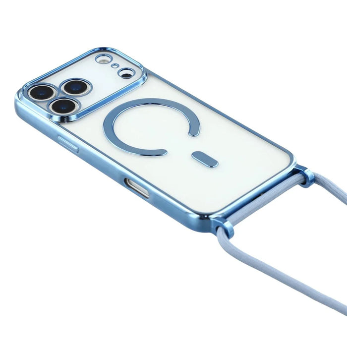 For iPhone 17 Pro Case Compatible with MagSafe Electroplating Edge TPU Phone Cover with Shoulder Strap - Blue - 4