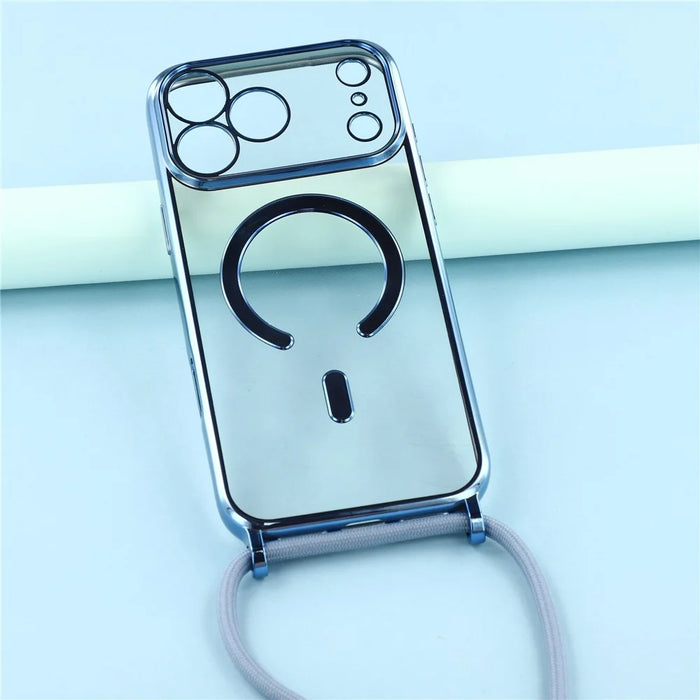 For iPhone 17 Pro Case Compatible with MagSafe Electroplating Edge TPU Phone Cover with Shoulder Strap - Blue - 5