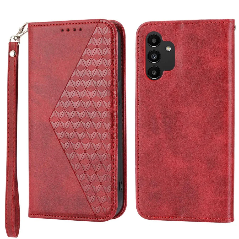 For Samsung Galaxy A32 5G / M32 5G Shockproof Calf Texture Wallet Stand Phone Case PU Leather Imprinted Rhombus Pattern Protective Phone Cover with Strap - Red - 1
