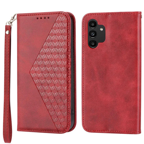 For Samsung Galaxy A32 5G / M32 5G Shockproof Calf Texture Wallet Stand Phone Case PU Leather Imprinted Rhombus Pattern Protective Phone Cover with Strap - Red - 1