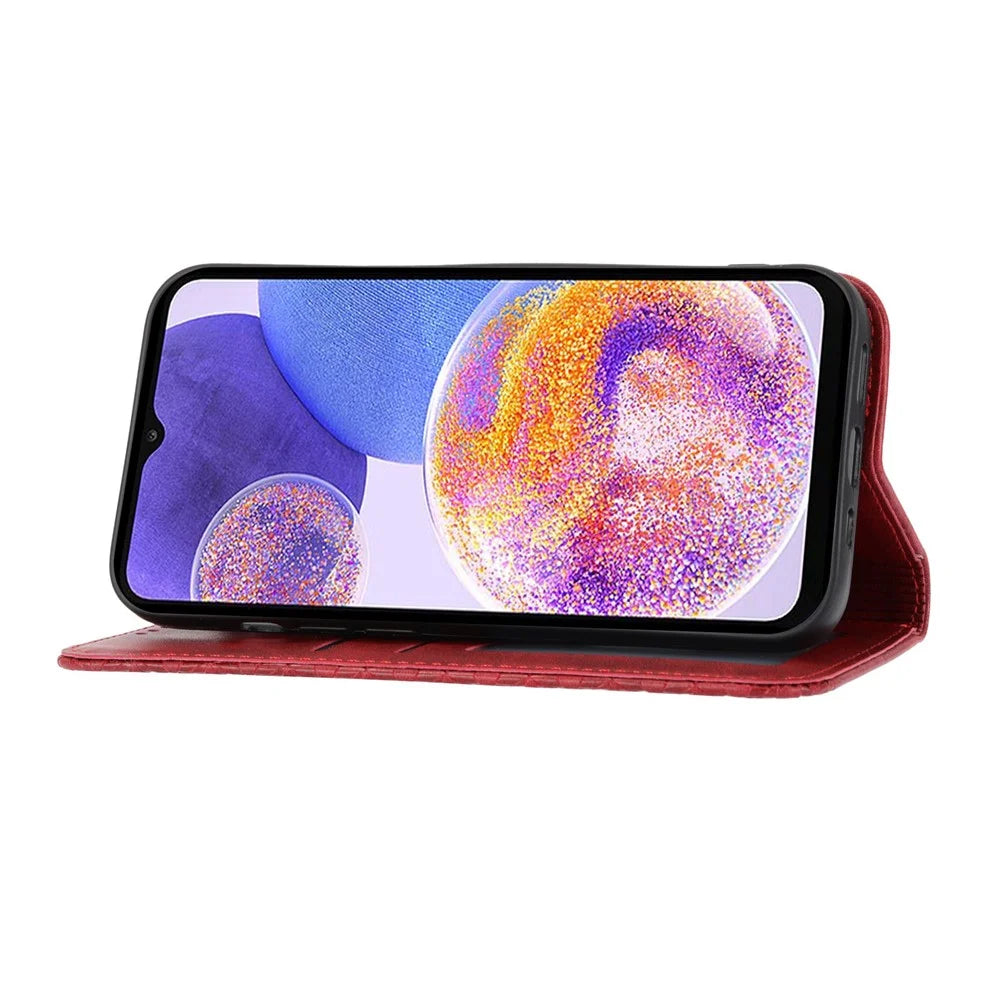 For Samsung Galaxy A32 5G / M32 5G Shockproof Calf Texture Wallet Stand Phone Case PU Leather Imprinted Rhombus Pattern Protective Phone Cover with Strap - Red - 2