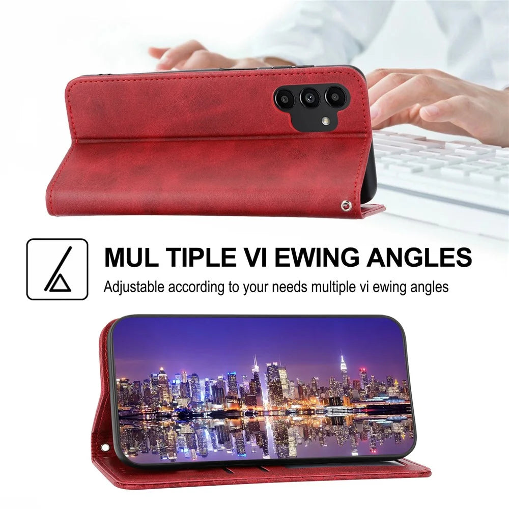 For Samsung Galaxy A32 5G / M32 5G Shockproof Calf Texture Wallet Stand Phone Case PU Leather Imprinted Rhombus Pattern Protective Phone Cover with Strap - Red - 4