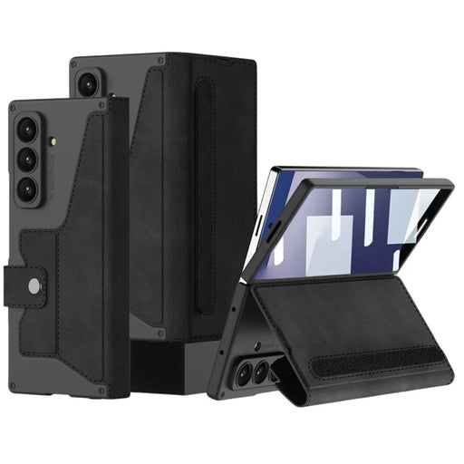 GKK For Samsung Galaxy Z Fold7 5G Stand Case with Card Holder PU PC Tempered Glass Phone Cover Magnetic Closure - Black - 1