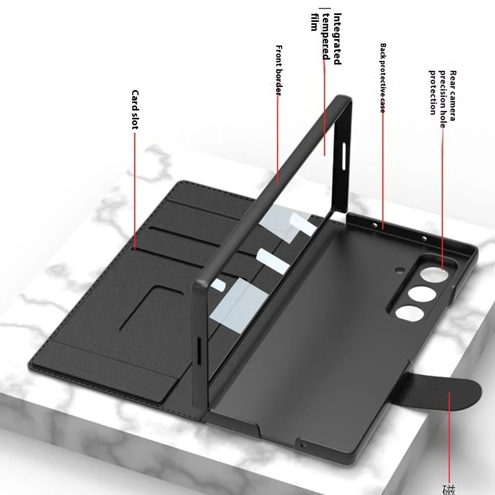 GKK For Samsung Galaxy Z Fold7 5G Stand Case with Card Holder PU PC Tempered Glass Phone Cover Magnetic Closure - Black - 5