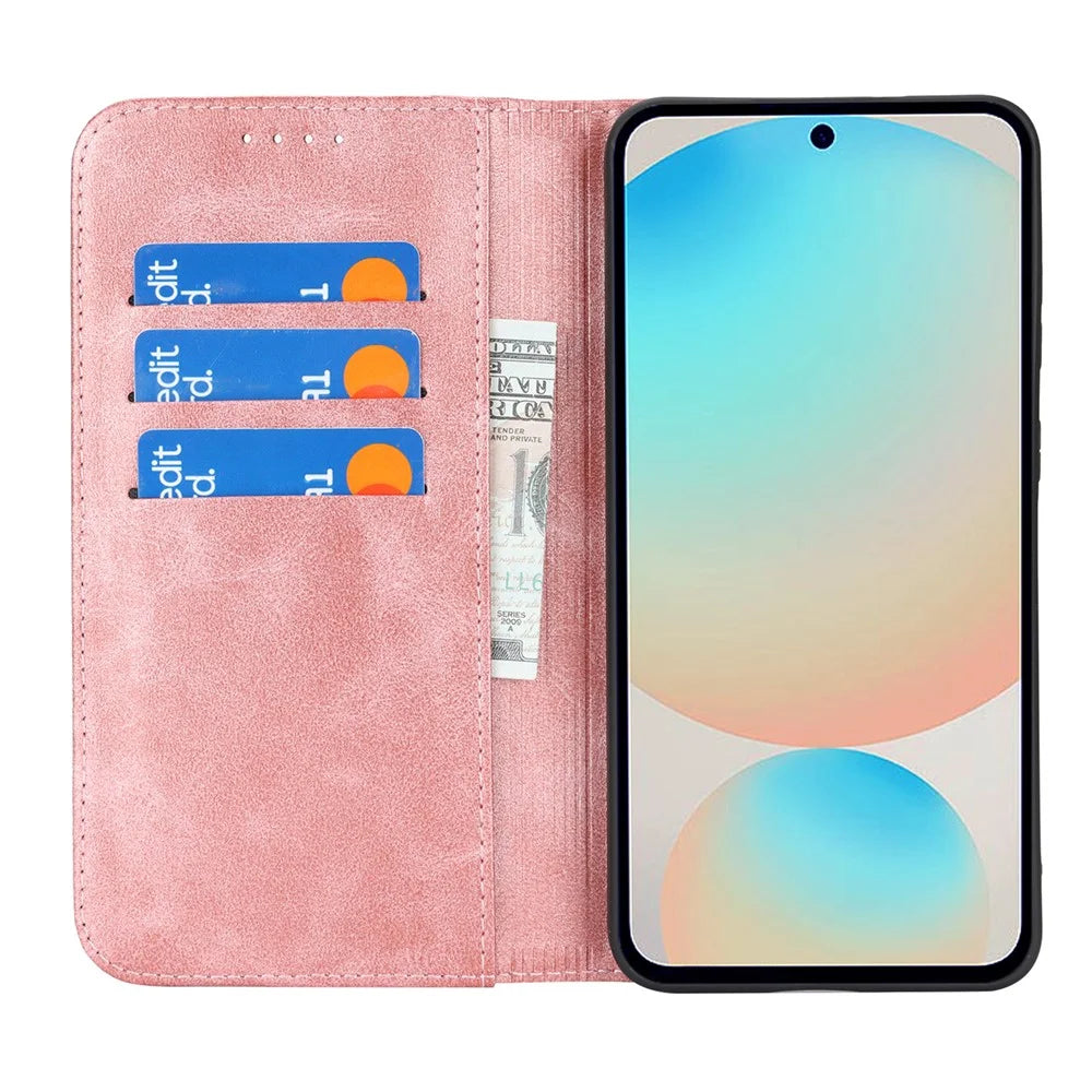For Samsung Galaxy S25 FE Case PU Leather Calf Textured Magnetic Closing Smart Phone Cover - Rose Gold - 2