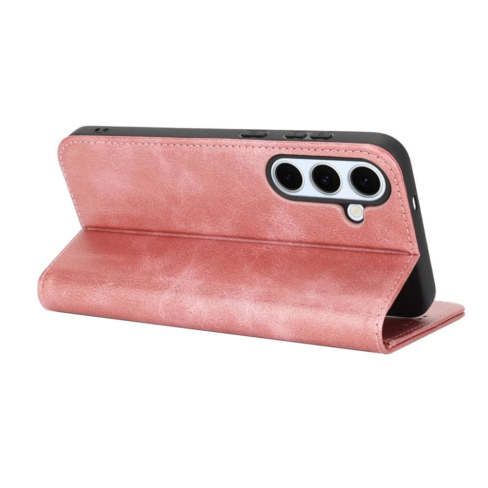 For Samsung Galaxy S25 FE Case PU Leather Calf Textured Magnetic Closing Smart Phone Cover - Rose Gold - 4