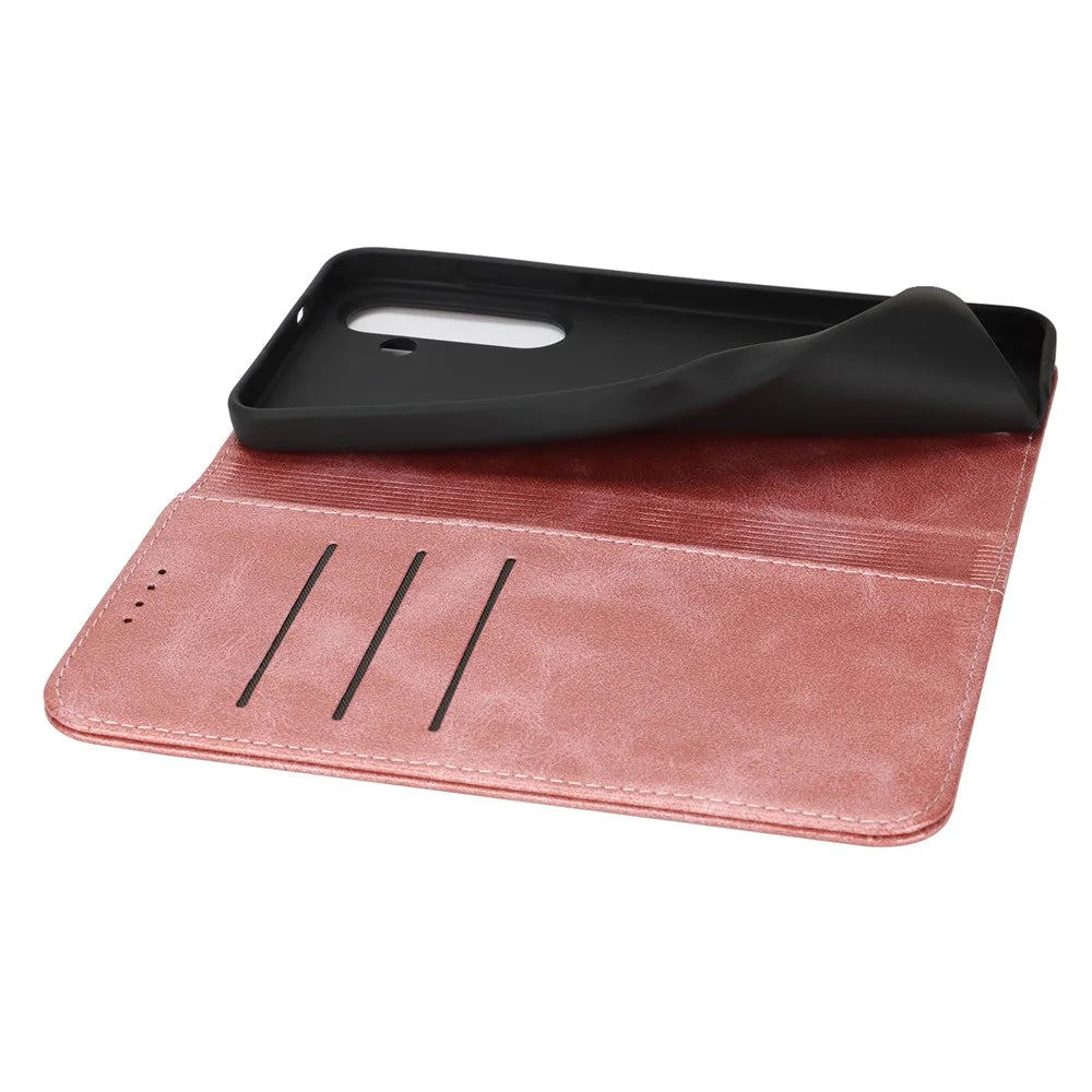 For Samsung Galaxy S25 FE Case PU Leather Calf Textured Magnetic Closing Smart Phone Cover - Rose Gold - 5