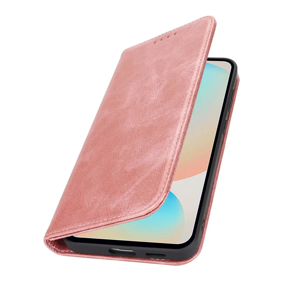 For Samsung Galaxy S25 FE Case PU Leather Calf Textured Magnetic Closing Smart Phone Cover - Rose Gold - 6