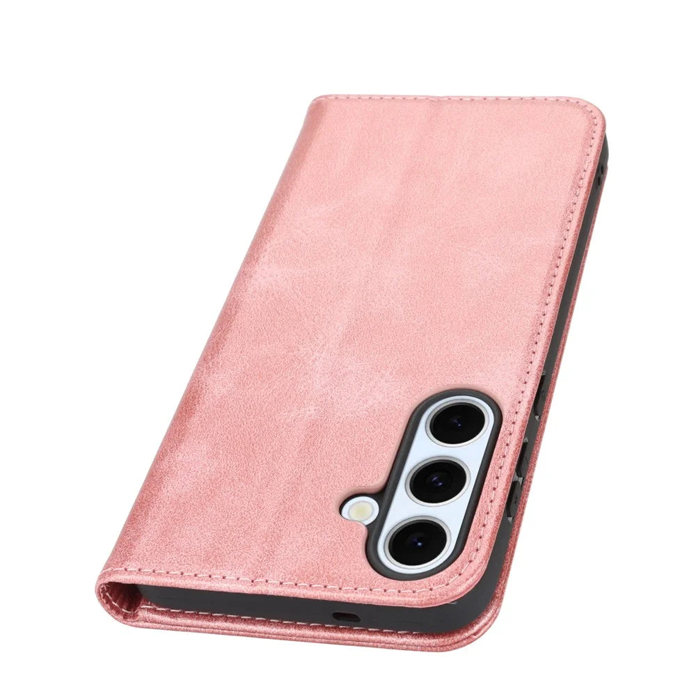 For Samsung Galaxy S25 FE Case PU Leather Calf Textured Magnetic Closing Smart Phone Cover - Rose Gold - 7