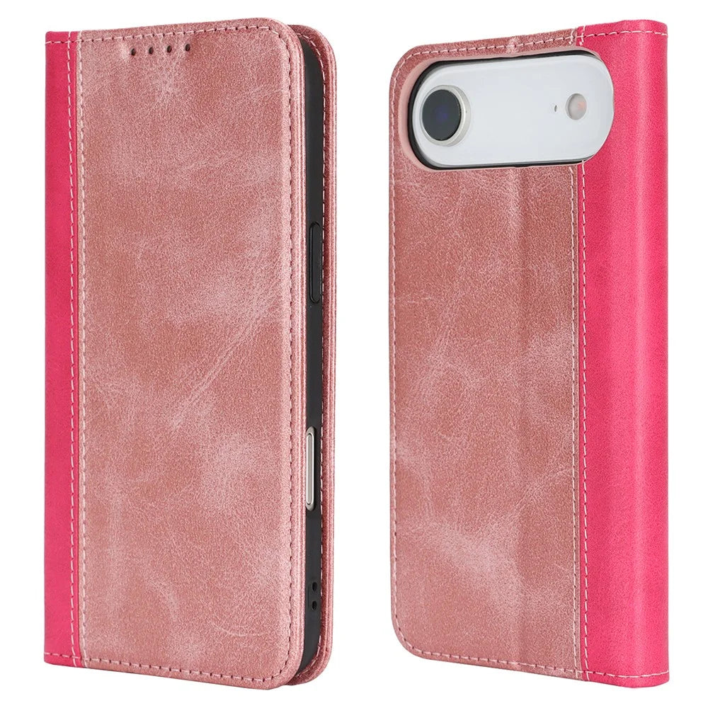 For iPhone Air Case Calf Texture 3 Card Slots Color Splicing Leather Phone Cover - Rose Gold+Rose - 1