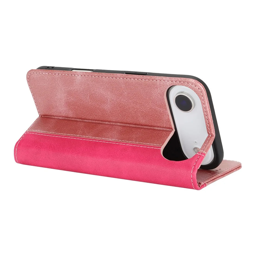 For iPhone Air Case Calf Texture 3 Card Slots Color Splicing Leather Phone Cover - Rose Gold+Rose - 4