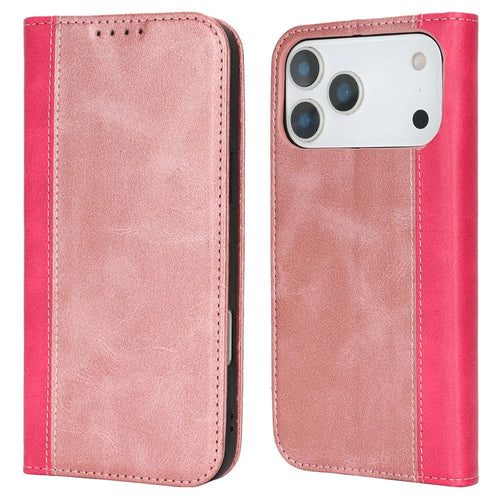 For iPhone 18 Pro / 17 Pro Case Calf Texture 3 Card Slots Color Splicing Leather Phone Cover - Rose Gold+Rose - 1