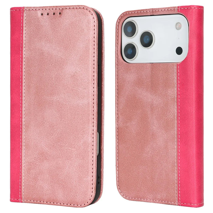 For iPhone 18 Pro / 17 Pro Case Calf Texture 3 Card Slots Color Splicing Leather Phone Cover - Rose Gold+Rose - 1