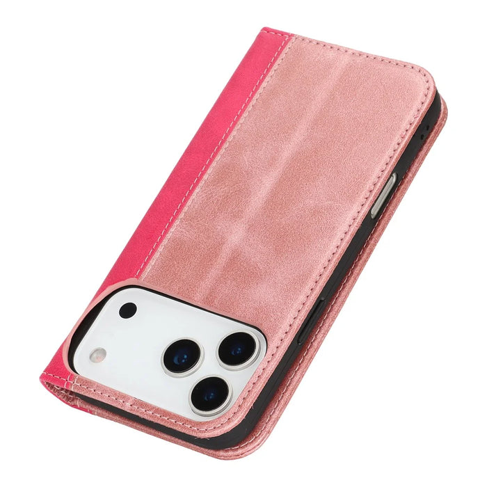 For iPhone 18 Pro / 17 Pro Case Calf Texture 3 Card Slots Color Splicing Leather Phone Cover - Rose Gold+Rose - 6
