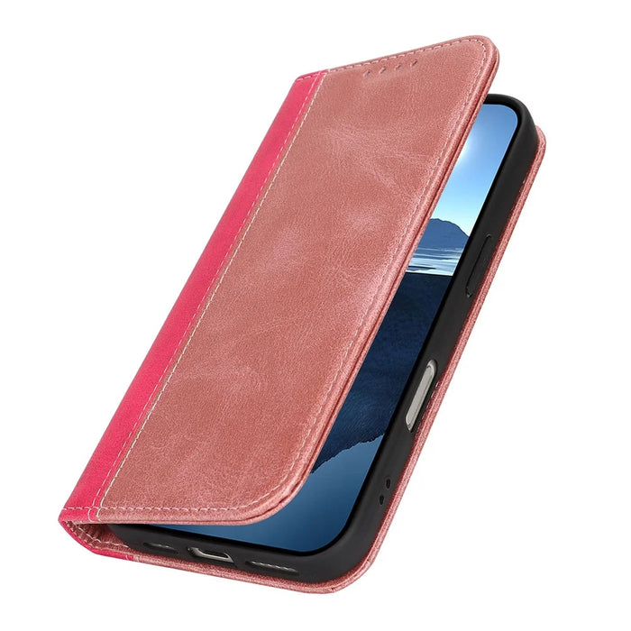 For iPhone 18 Pro / 17 Pro Case Calf Texture 3 Card Slots Color Splicing Leather Phone Cover - Rose Gold+Rose - 7