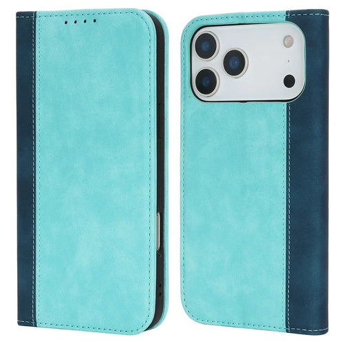 For iPhone 18 Pro Max / 17 Pro Max Case Calf Texture 3 Card Slots Color Splicing Leather Phone Cover - Light Blue+Dark Blue - 1