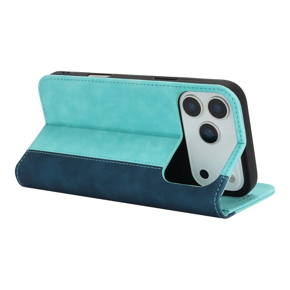 For iPhone 18 Pro Max / 17 Pro Max Case Calf Texture 3 Card Slots Color Splicing Leather Phone Cover - Light Blue+Dark Blue - 4