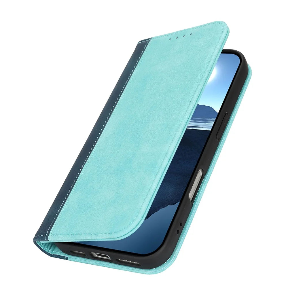 For iPhone 18 Pro Max / 17 Pro Max Case Calf Texture 3 Card Slots Color Splicing Leather Phone Cover - Light Blue+Dark Blue - 6