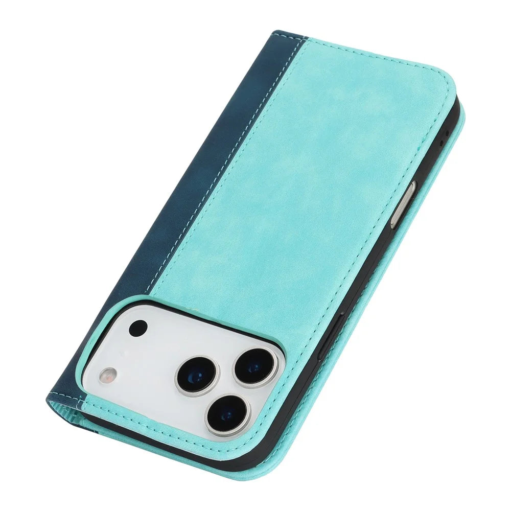 For iPhone 18 Pro Max / 17 Pro Max Case Calf Texture 3 Card Slots Color Splicing Leather Phone Cover - Light Blue+Dark Blue - 7
