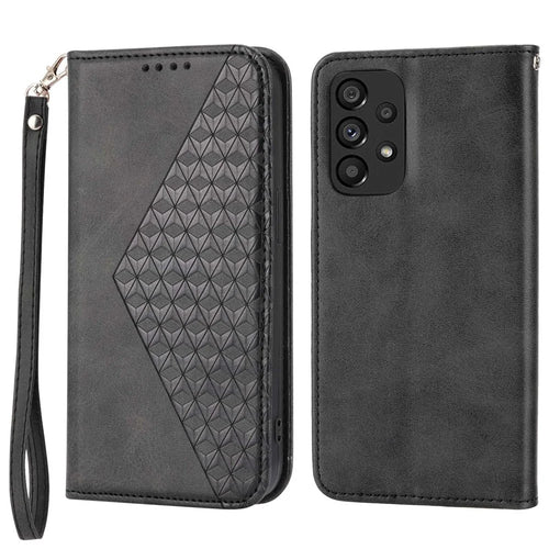 For Samsung Galaxy A72 4G / 5G Full Protection Calf Texture Phone Case PU Leather Wallet Stand Imprinted Rhombus Pattern Cell Phone Cover with Strap - Black - 1
