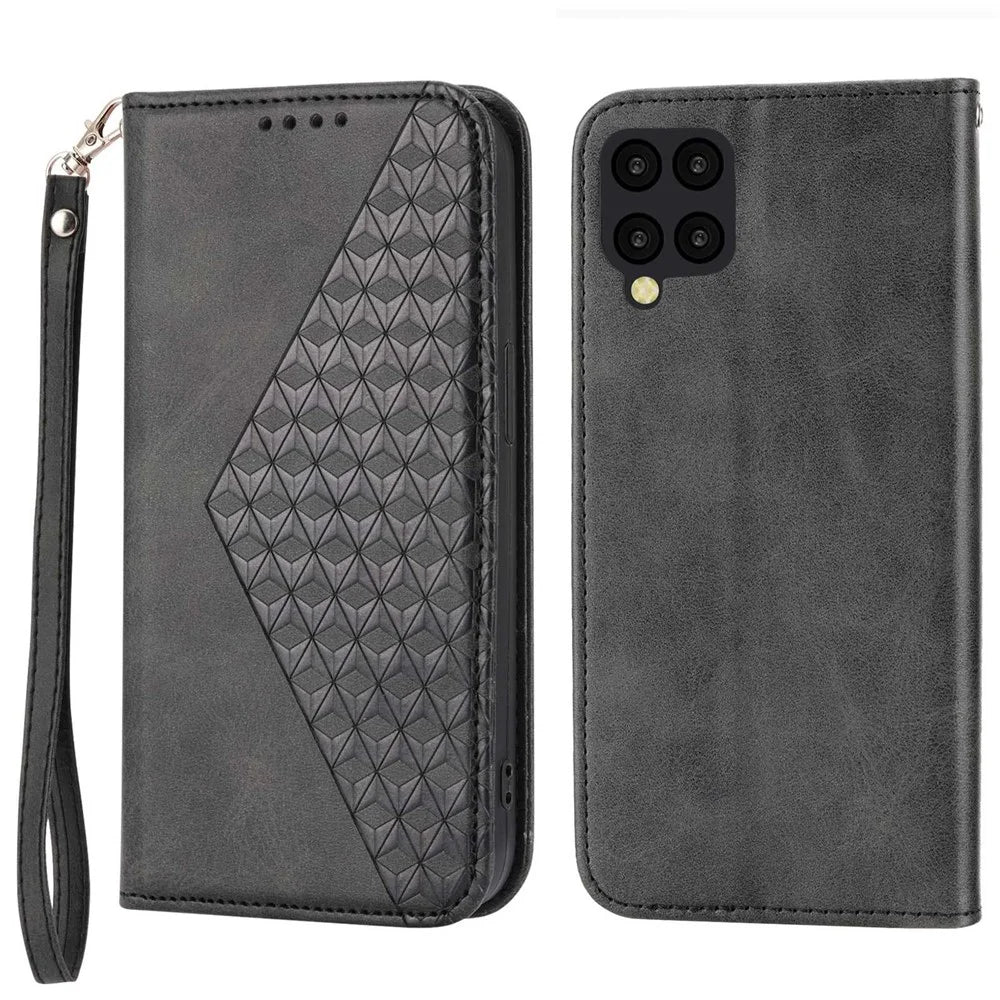 Anti-drop Protective Phone Case For Samsung Galaxy A22 4G (EU Version), Calf Texture PU Leather Imprinted Rhombus Pattern Flip Cover Wallet Stand with Strap - Black - 1