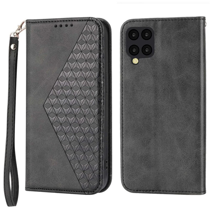 Anti-drop Protective Phone Case For Samsung Galaxy A22 4G (EU Version), Calf Texture PU Leather Imprinted Rhombus Pattern Flip Cover Wallet Stand with Strap - Black - 1