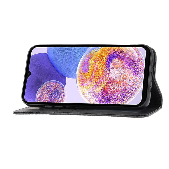 Anti-drop Protective Phone Case For Samsung Galaxy A22 4G (EU Version), Calf Texture PU Leather Imprinted Rhombus Pattern Flip Cover Wallet Stand with Strap - Black - 2