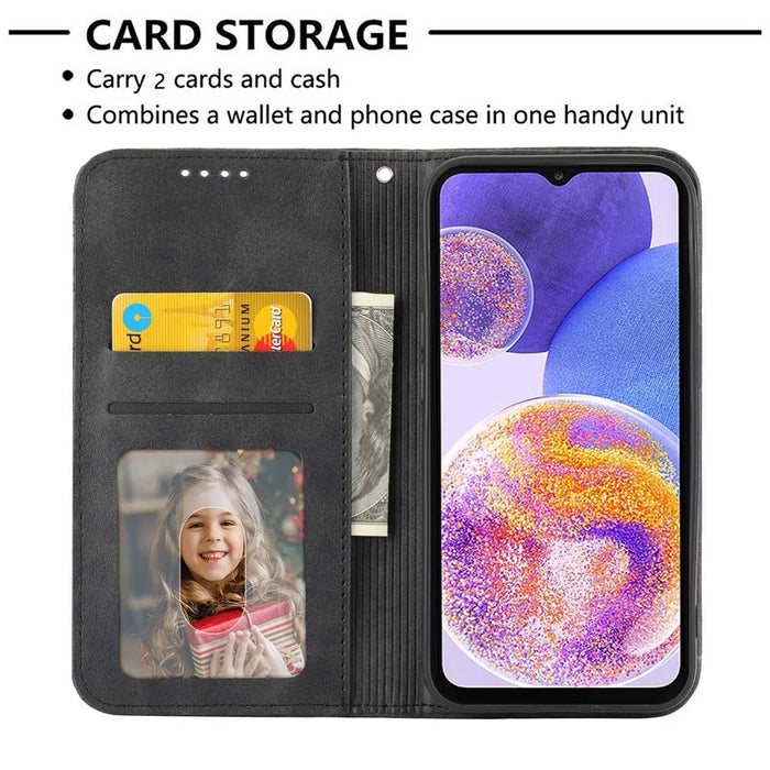 Anti-drop Protective Phone Case For Samsung Galaxy A22 4G (EU Version), Calf Texture PU Leather Imprinted Rhombus Pattern Flip Cover Wallet Stand with Strap - Black - 3
