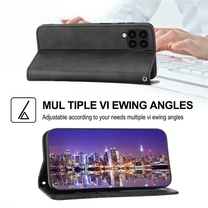 Anti-drop Protective Phone Case For Samsung Galaxy A22 4G (EU Version), Calf Texture PU Leather Imprinted Rhombus Pattern Flip Cover Wallet Stand with Strap - Black - 4