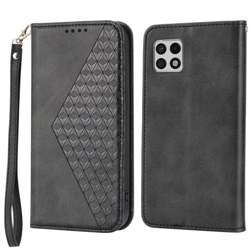 Flip Phone Wallet Case For Samsung Galaxy A22 5G (EU Version), Calf Texture PU Leather Stand Imprinted Rhombus Pattern Cell Phone Cover with Strap - Black - 1