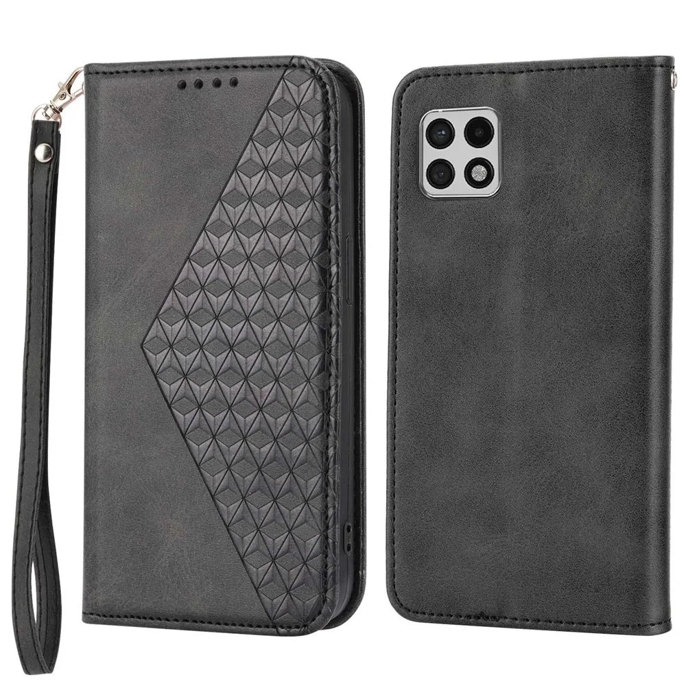 Flip Phone Wallet Case For Samsung Galaxy A22 5G (EU Version), Calf Texture PU Leather Stand Imprinted Rhombus Pattern Cell Phone Cover with Strap - Black - 1