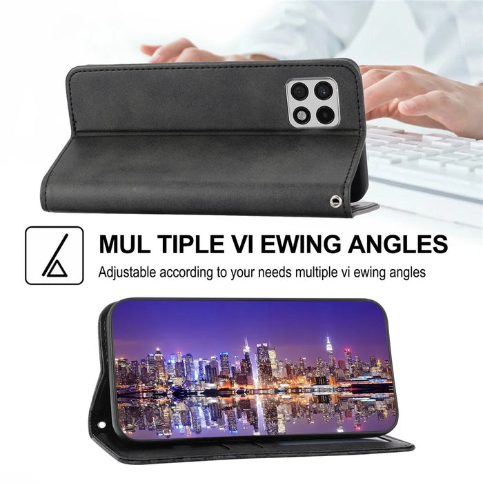 Flip Phone Wallet Case For Samsung Galaxy A22 5G (EU Version), Calf Texture PU Leather Stand Imprinted Rhombus Pattern Cell Phone Cover with Strap - Black - 4