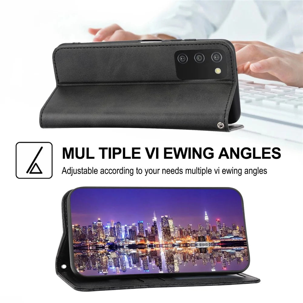 Phone Wallet Case For Samsung Galaxy A03s (164.2mm) Calf Texture PU Leather Stand Imprint Rhombus Pattern Phone Cover with Strap - Black - 4