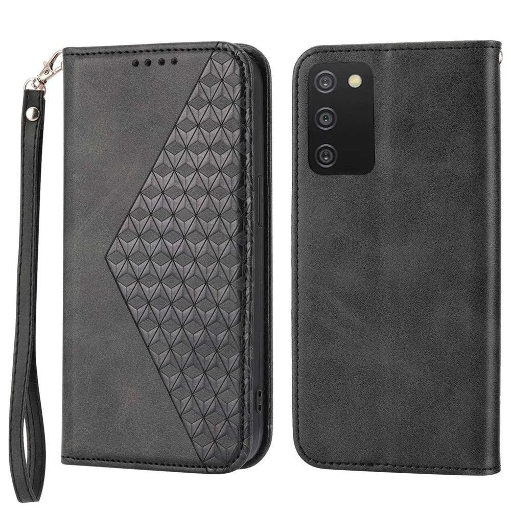 Cell Phone Case For Samsung Galaxy A03s (166.5mm) Calf Texture PU Leather Imprint Rhombus Phone Cover Wallet Stand with Strap - Black - 1