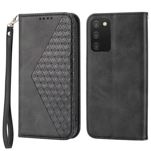 Cell Phone Case For Samsung Galaxy A03s (166.5mm) Calf Texture PU Leather Imprint Rhombus Phone Cover Wallet Stand with Strap - Black - 1