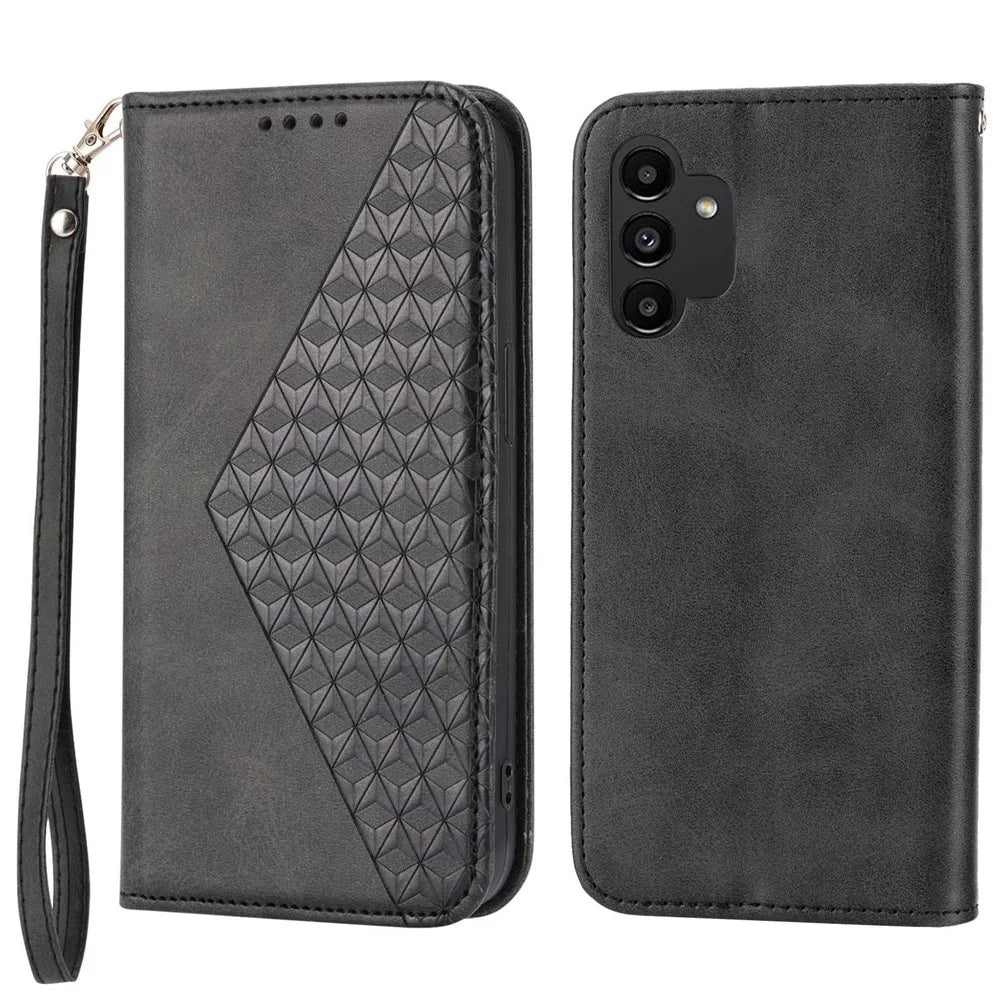 For Samsung Galaxy A13 4G / A13 5G / A04s 4G (164.7mm) Leather Wallet Case Imprint Rhombus Calf Texture Phone Stand Cover with Strap - Black - 1