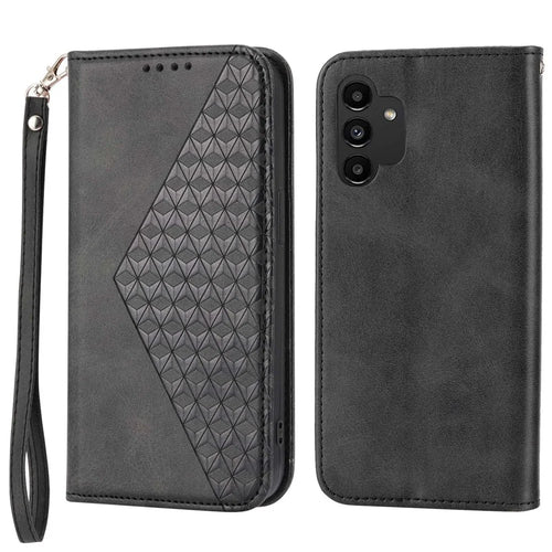 For Samsung Galaxy A13 4G / A13 5G / A04s 4G (164.7mm) Leather Wallet Case Imprint Rhombus Calf Texture Phone Stand Cover with Strap - Black - 1