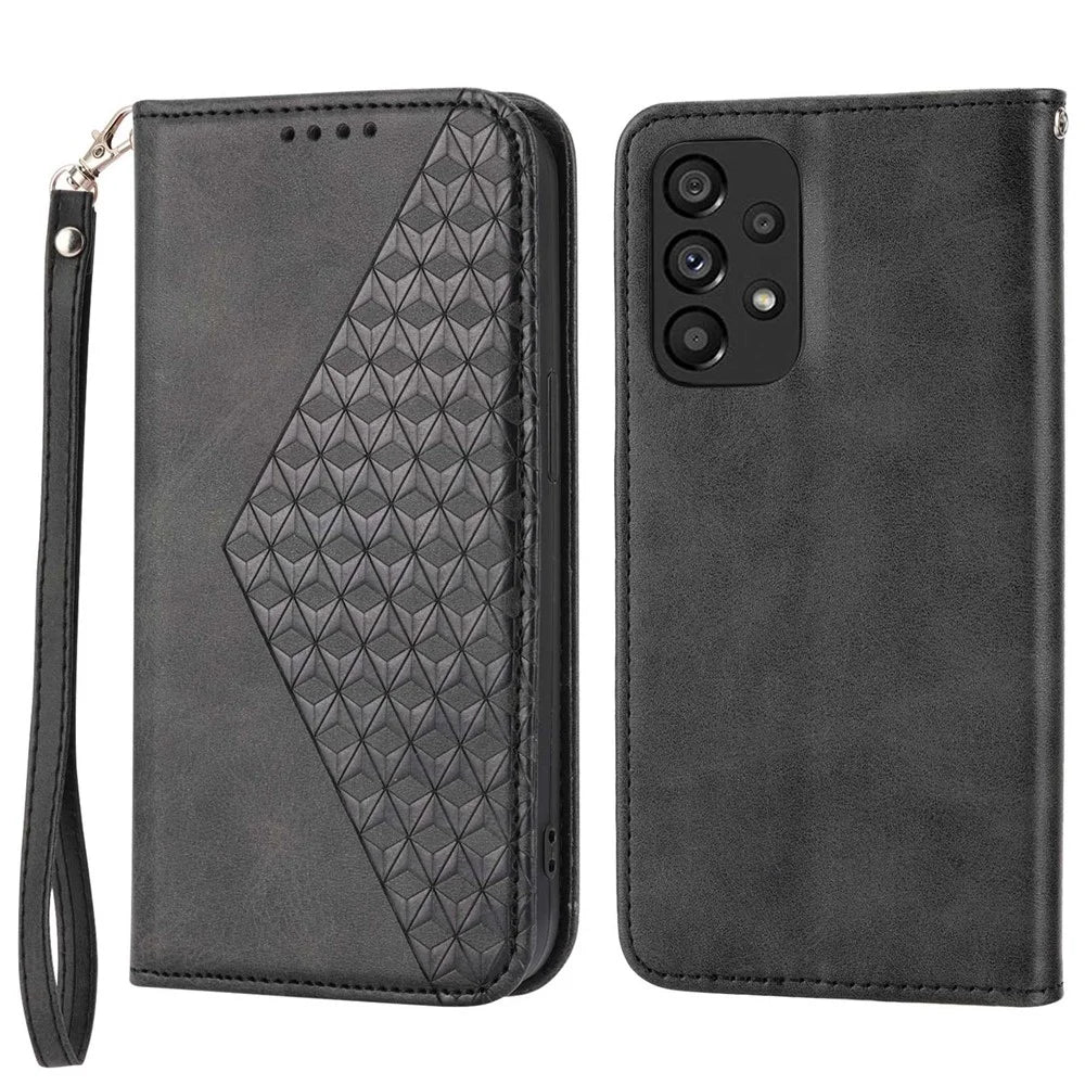 For Samsung Galaxy A53 5G Calf Texture Imprinted Rhombus Pattern PU Leather Shockproof Cover Wallet Stand Phone Case with Strap - Black - 1