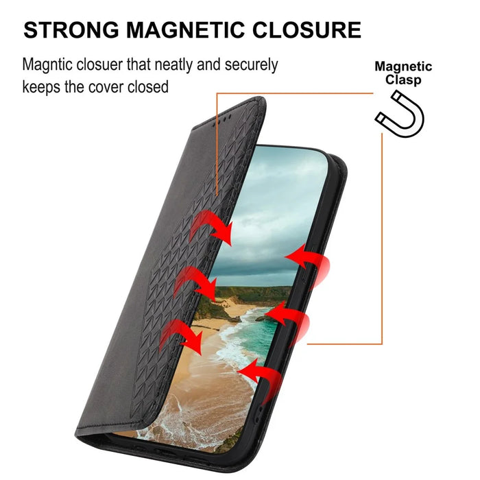 For Samsung Galaxy A53 5G Calf Texture Imprinted Rhombus Pattern PU Leather Shockproof Cover Wallet Stand Phone Case with Strap - Black - 5
