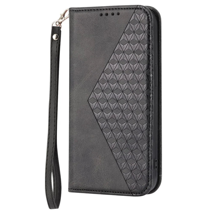 For Samsung Galaxy A53 5G Calf Texture Imprinted Rhombus Pattern PU Leather Shockproof Cover Wallet Stand Phone Case with Strap - Black - 7