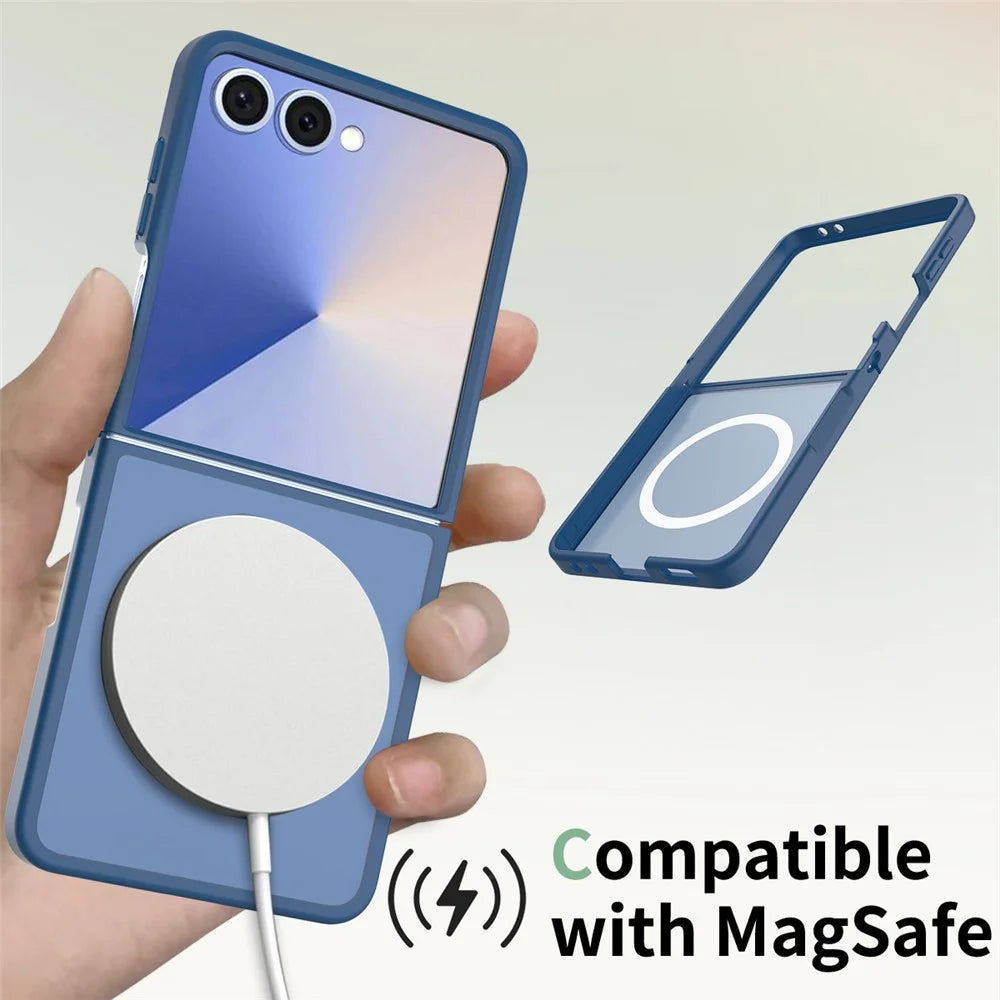 For Samsung Galaxy Z Flip7 5G Case PC + TPU Kickstand Phone Cover with Tempered Glass Screen Film - Sapphire - 5