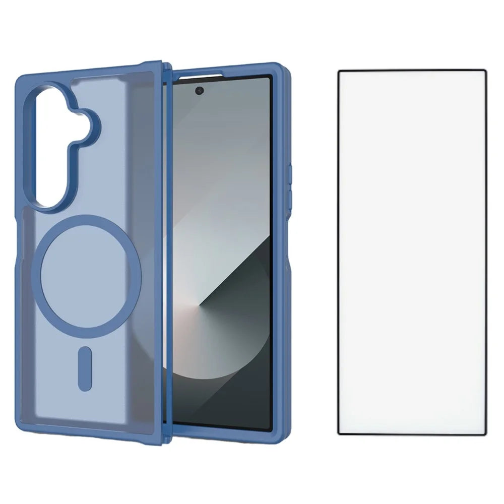For Samsung Galaxy Z Fold7 5G Case PC + TPU Kickstand Phone Cover with Tempered Glass Screen Film - Sapphire - 1