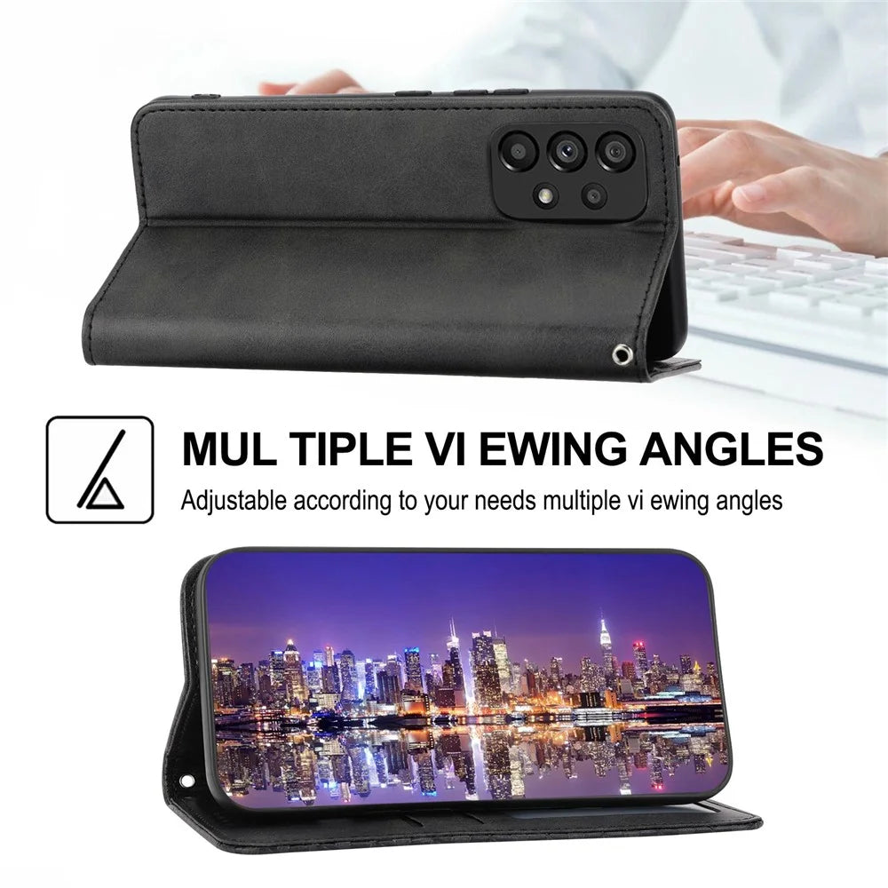 For Samsung Galaxy A33 5G Calf Texture PU Leather Magnetic Auto-absorbed Phone Case Imprinted Rhombus Pattern Wallet Stand Cover with Strap - Black - 4
