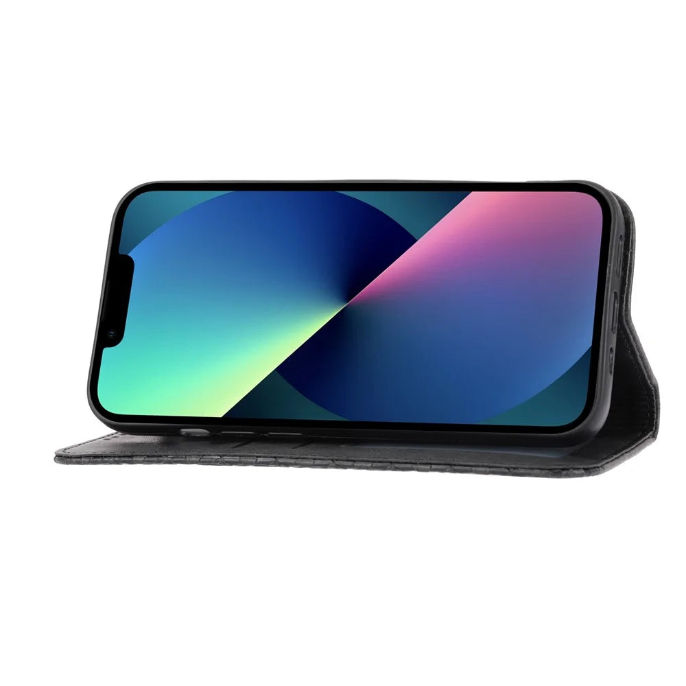 Calf Texture PU Leather Case for iPhone 13 6.1 inch, Magnetic Wallet Imprinted Rhombus Pattern Phone Stand Cover with Strap - Black - 2